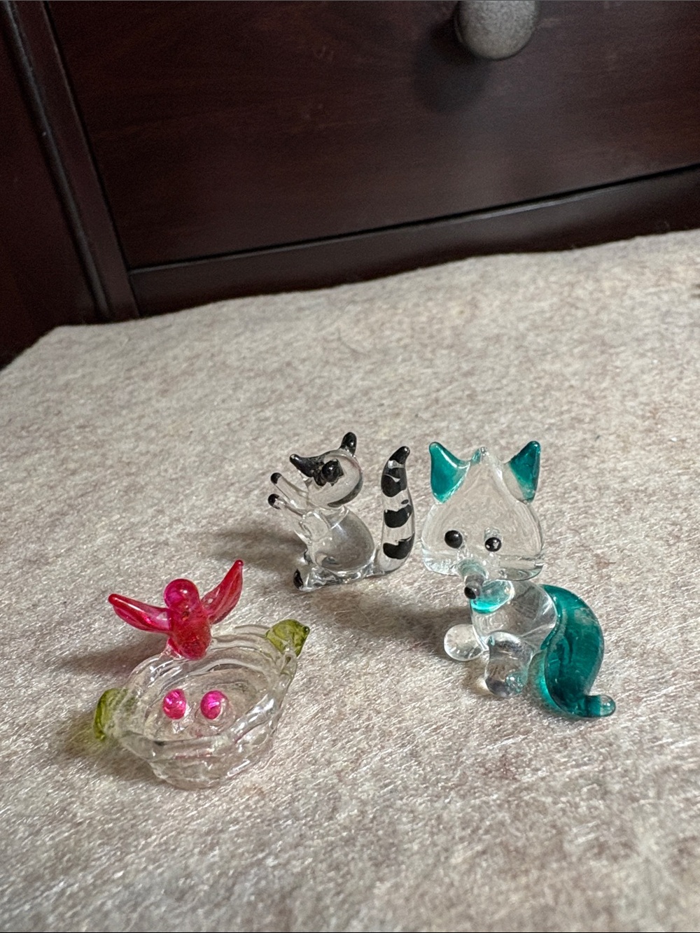Clear Glass Cat, Racoon & Birtd Nest.